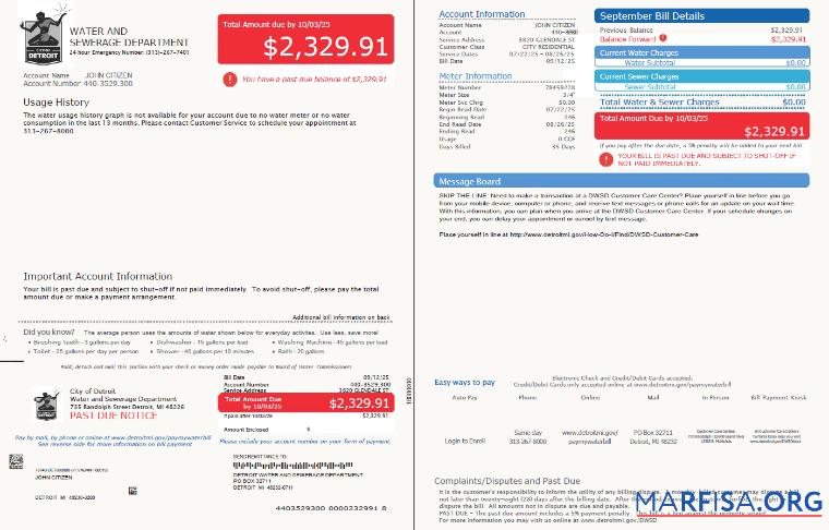 Downloadable USA Glendale Water and Sewerage Department utility bill template in Word and PDF formats, 2 pages